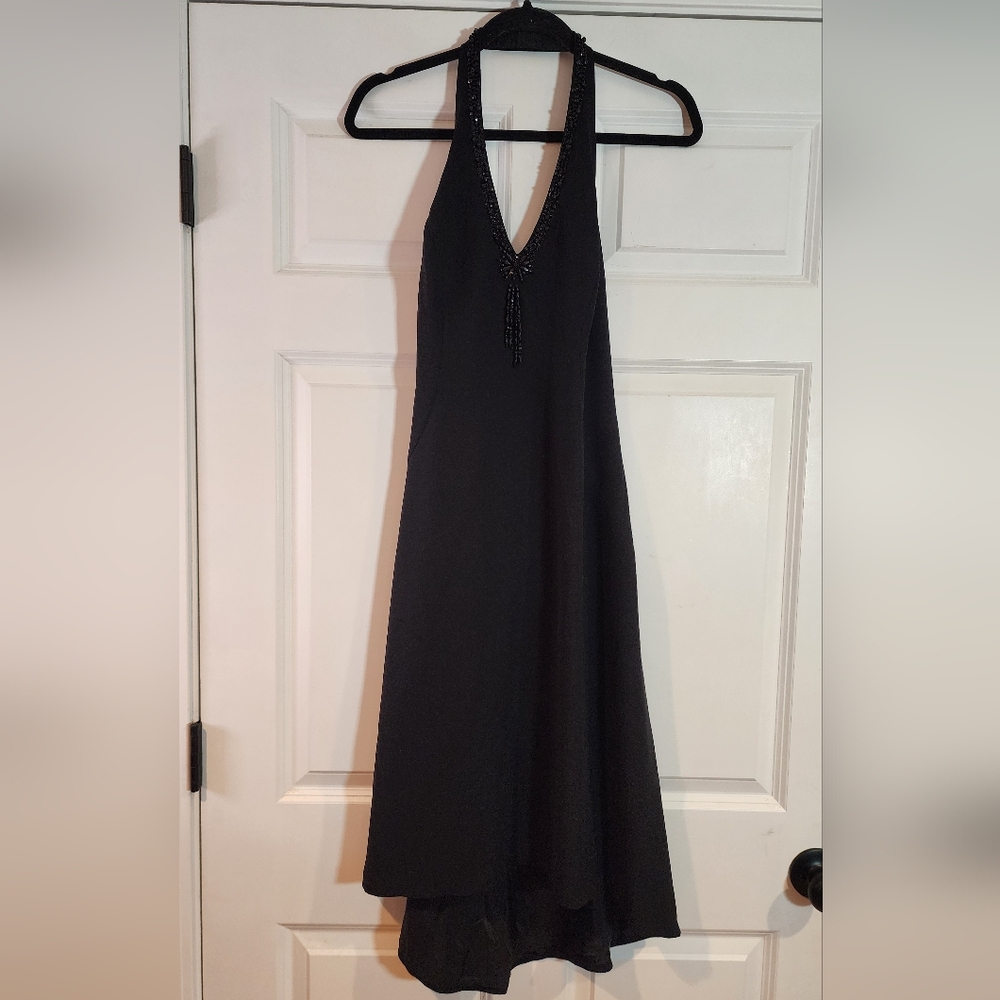 Maggie London black lined halter midi formal dress size 10